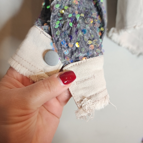 NWT HIMYTHE Beige Oversized Twill Denim Sequin Shacket Sparkle Large - Picture 13 of 17